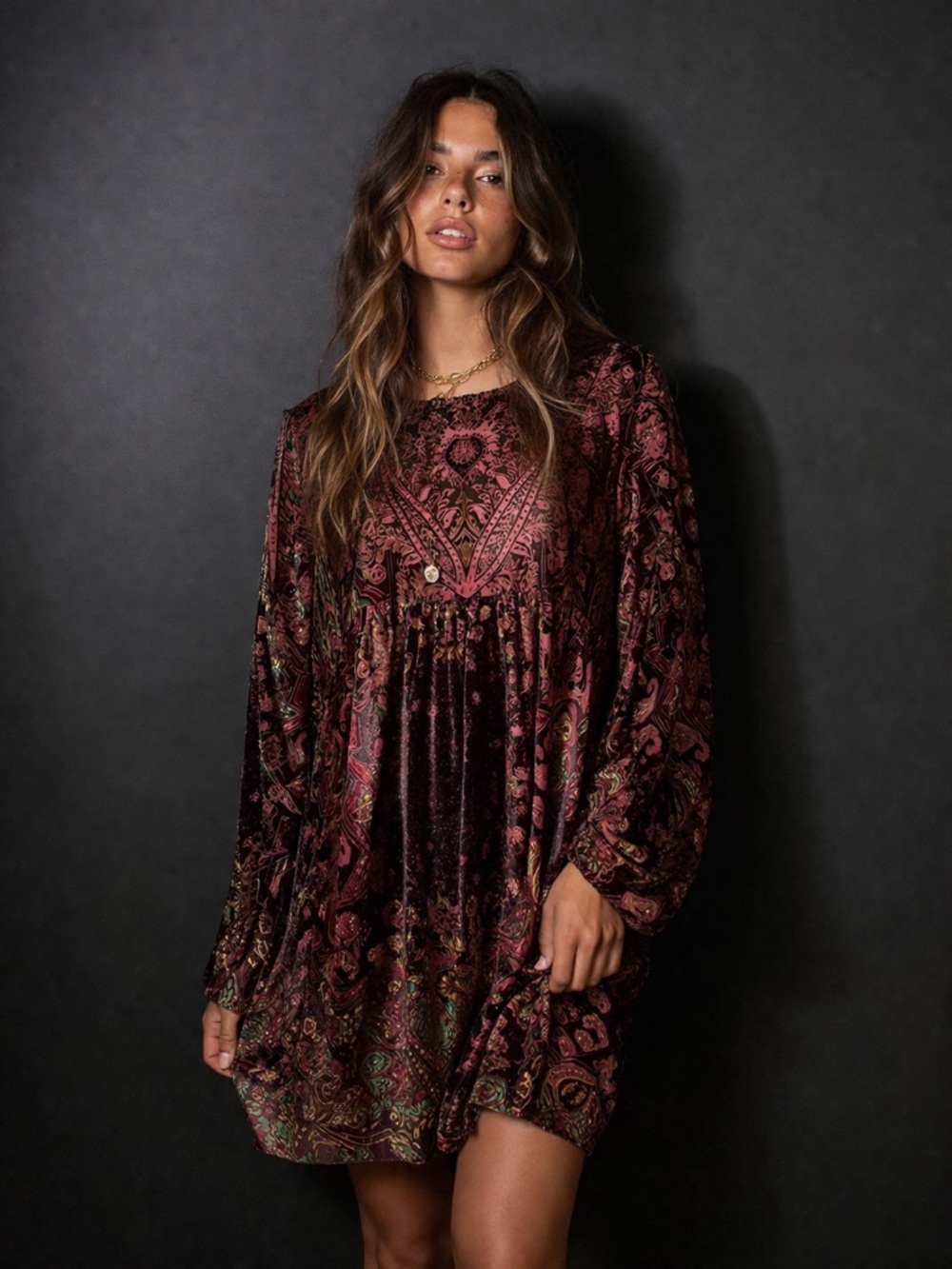Free People Velvet Paisley Mini Dress in Burgundy Plum